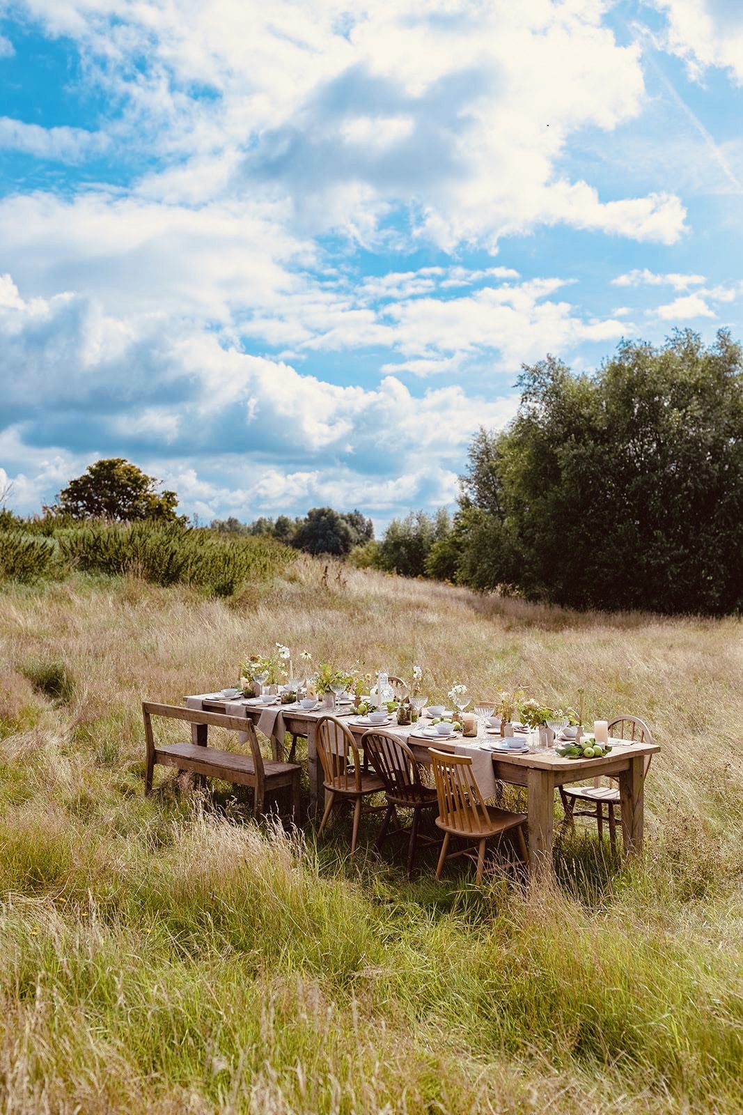 Long wooden table set for a shared meal in an open field